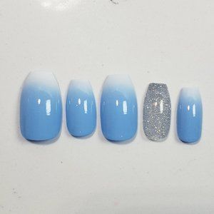 Custom Gel Press on Nails fake nails Handmade 20pc set light blue white fade